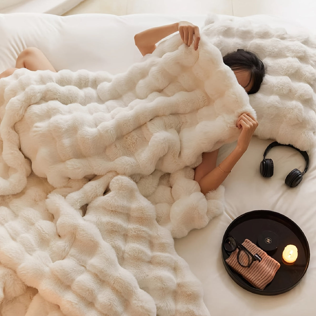 Plush Double-Layer Fleece Blanket - 100% Polyester, Machine Washable, All-Season - AC, Travel & Nap Use - 51"×63" & 63"×79" - Off White, Camel, Ink Gray, Pink & Blue