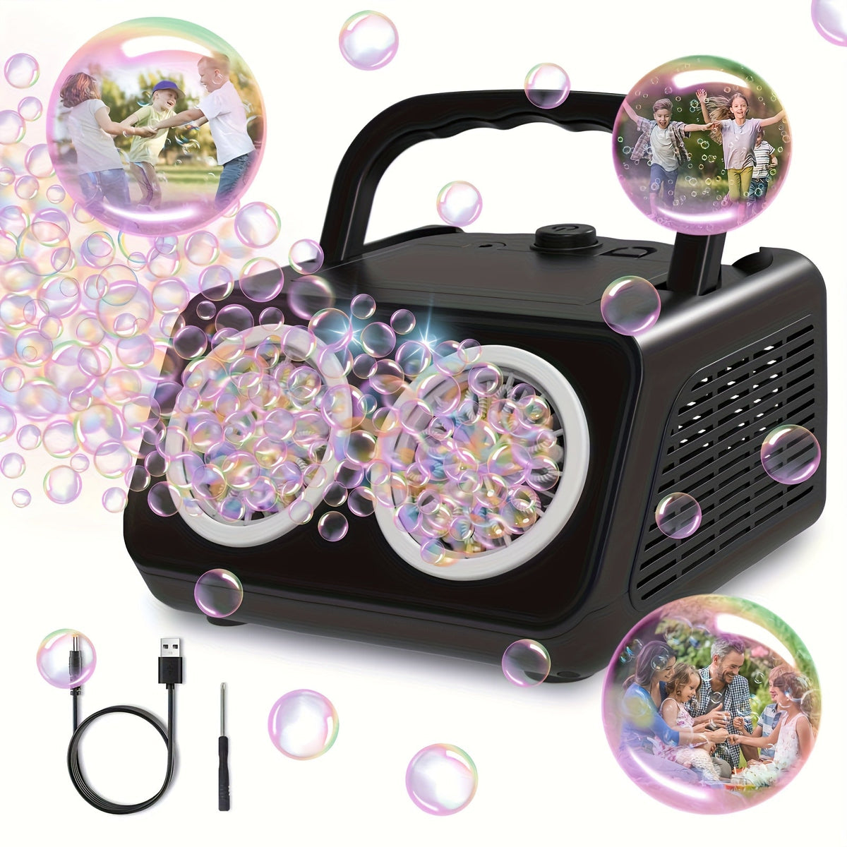 Automatic Bubble Machine 2 Fans 20000+ Bubbles Per Minute Electric Bubble Blower for Kids Toddlers Battery Operated Includes Bubble Solution Outdoor Toy Birthday Party Gift