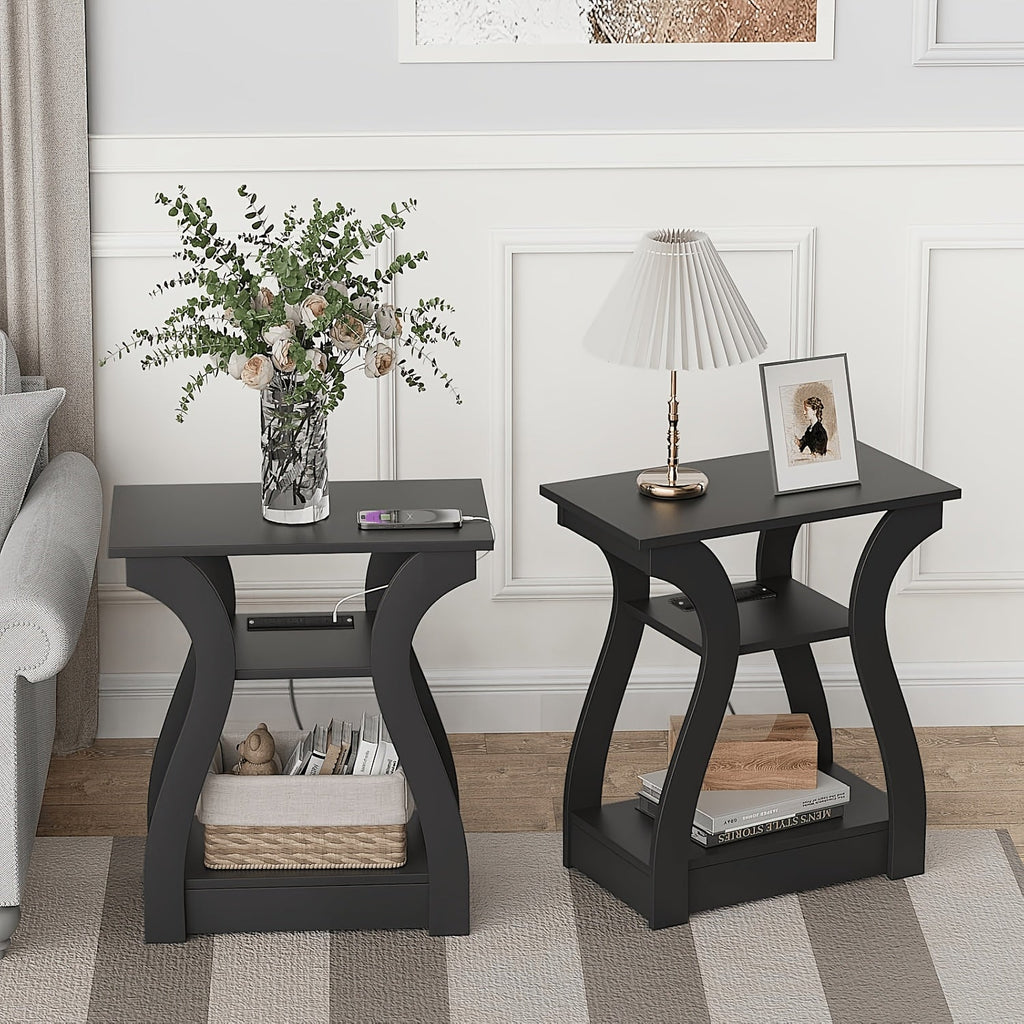 3-Tier Nightstand with Charging Station – Slim Side Table with USB Ports & Outlets for Bedroom Living Room Small Spaces in Black & Gray