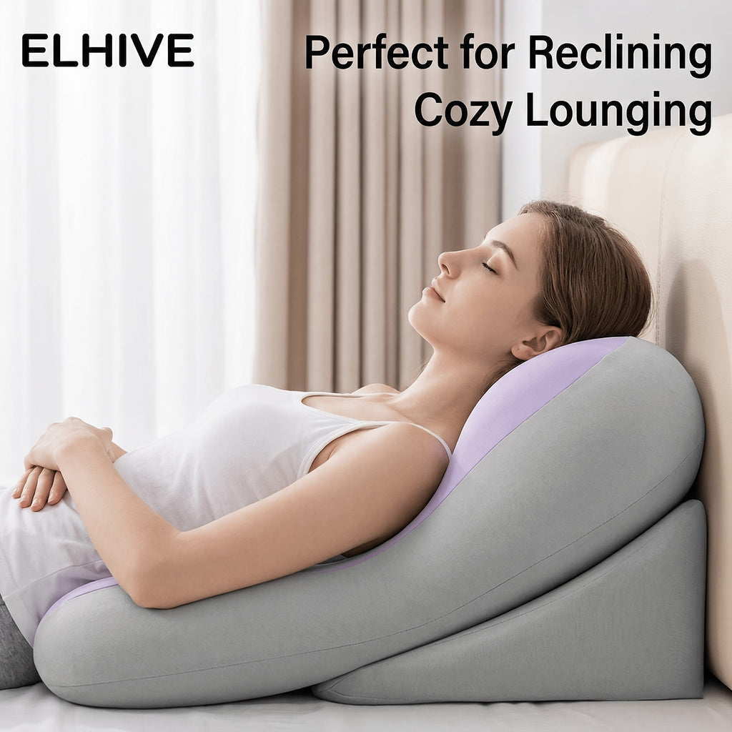 Adjustable Split Two-Piece Bed Wedge Reading Pillow - Large Memory Foam C-Shaped Backrest - Height Adjustable - Removable Washable Cover - Reading, Gaming & Back/Leg Support - 6 Color Block Options