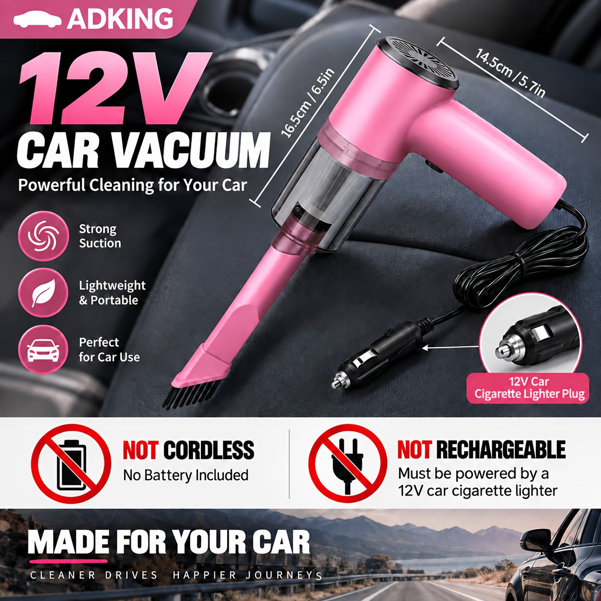 12V Corded Car Vacuum Cleaner - Compact Handheld Interior Vacuum with Brush Nozzle - 9.8ft (3m) Power Cord & 12V Car Plug - Lightweight - Pink & Black