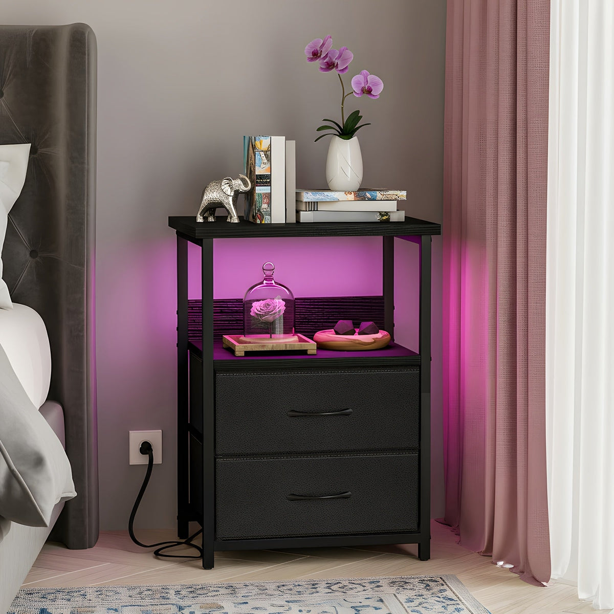 LED Nightstand with Charging Station - 1/2/3/4 Drawers, RGB App-Controlled Music-Sync Lighting, Metal Frame, Fabric Drawers & PU Finish, Adjustable Legs, 2 AC Outlets - 1 or 2 Pack - Bedroom & Living Room - Black, White, Gray & Brown