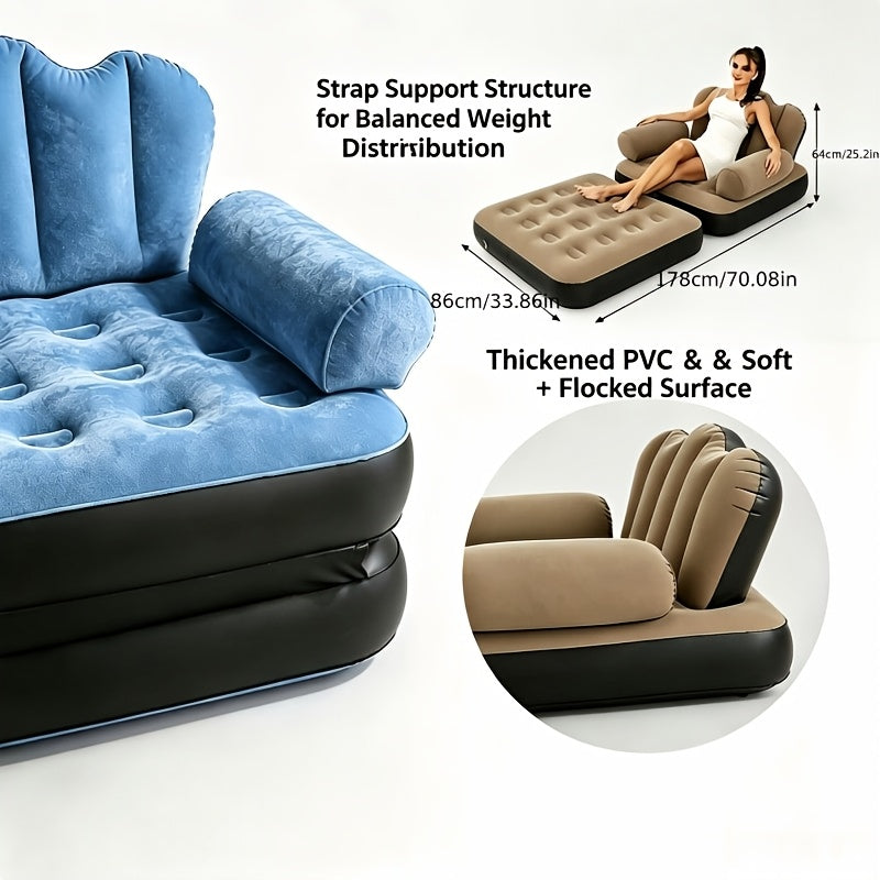 2-in-1 Flocked PVC Inflatable Sofa Bed Convertible Inflatable Couch & Air Mattress Portable Easy to Store Holiday Gift – Khaki or Blue