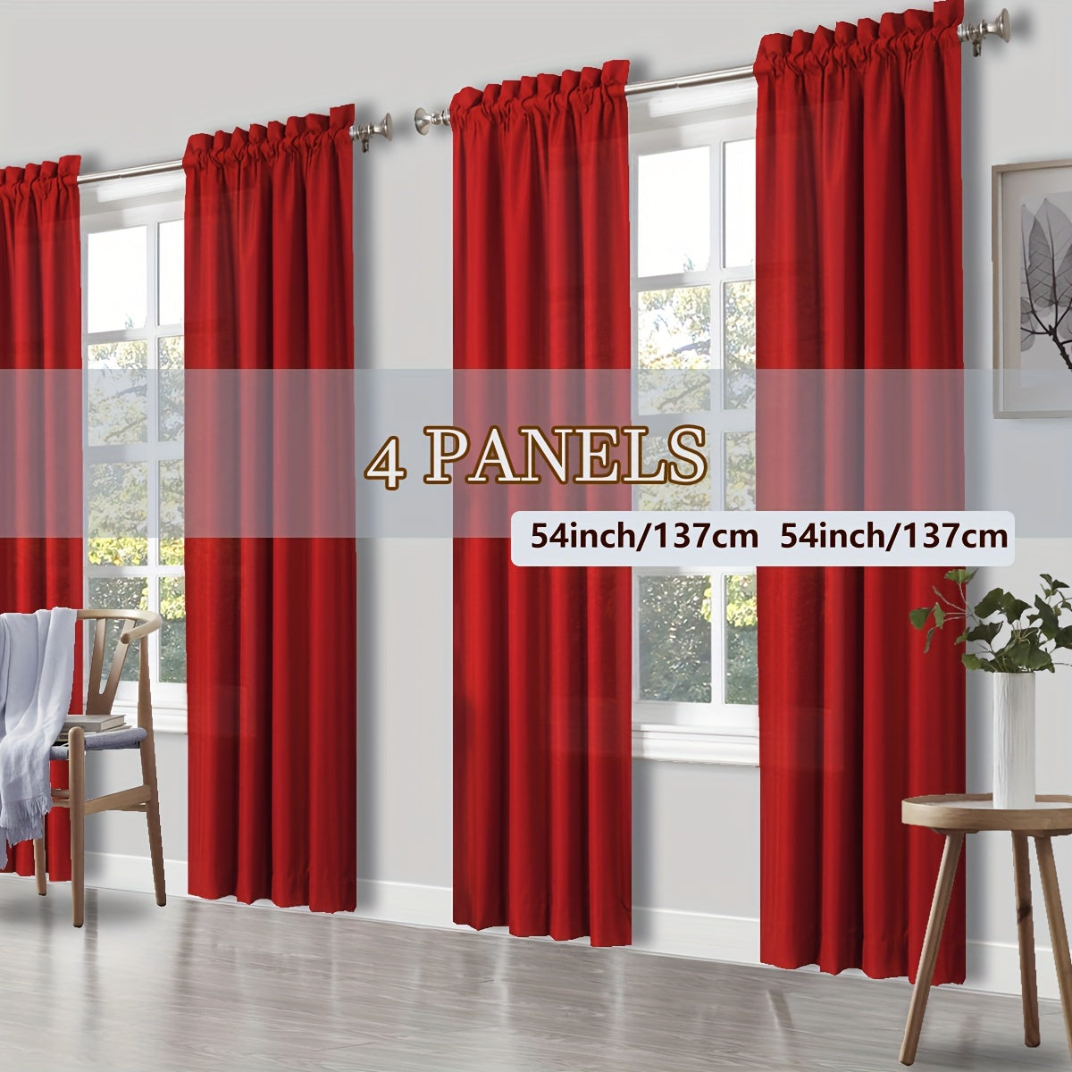 Rod Pocket Light Filtering Curtains 4 Panels Solid Color | Yarn-Dyed Fade Resistant Fabric | Easy 30-Second Install | Living Room Bedroom Office Patio Door | 10 Colors 8 Sizes 38-54 Wide 54-95 Long