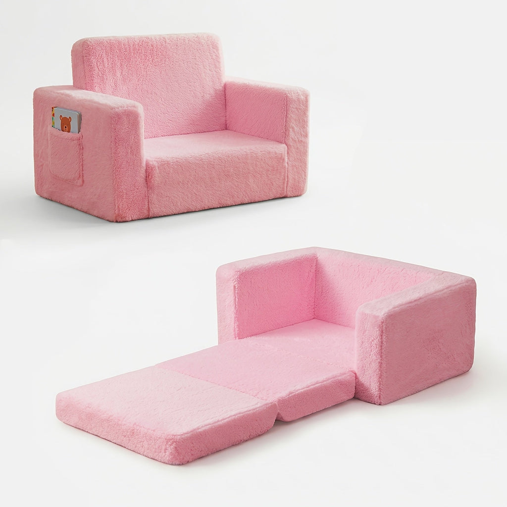 Kids Sofa 2-in-1 Convertible Recliner Chair Velvet Plush Storage Pocket Armrests Folding Lounge Chair for Boys Girls Playroom Bedroom Pink Grey White