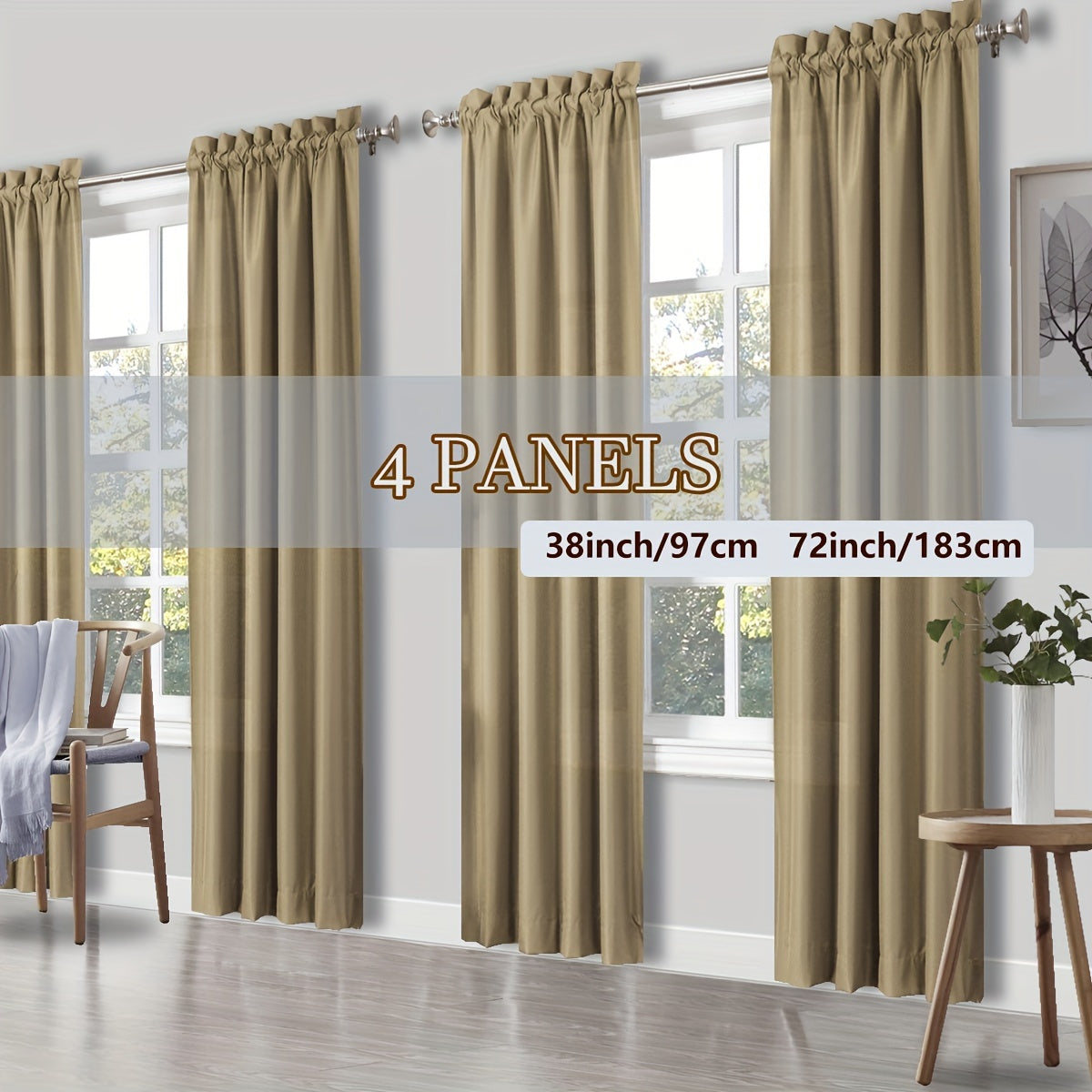Rod Pocket Light Filtering Curtains 4 Panels Solid Color | Yarn-Dyed Fade Resistant Fabric | Easy 30-Second Install | Living Room Bedroom Office Patio Door | 10 Colors 8 Sizes 38-54 Wide 54-95 Long