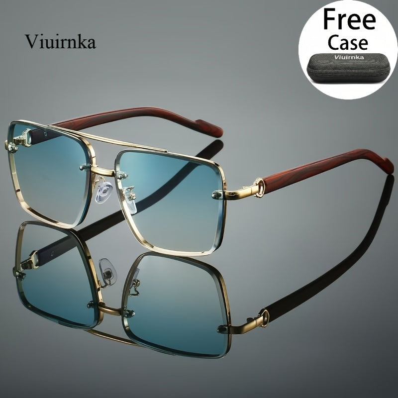 UV400 Square Sunglasses with Case for Men Women – Double Bridge Retro Wood Grain Frame, Polarized-Style Unisex Shades for Driving, Travel, Beach & Street Style, 7 Colors