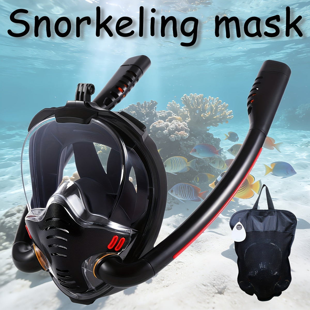 Full Face Snorkel Mask – 180° Panoramic View Dual Tube Anti-Fog Anti-Leak with Camera Mount for Adult Swimming & Snorkeling in Black & Black-Blue (S/M)
