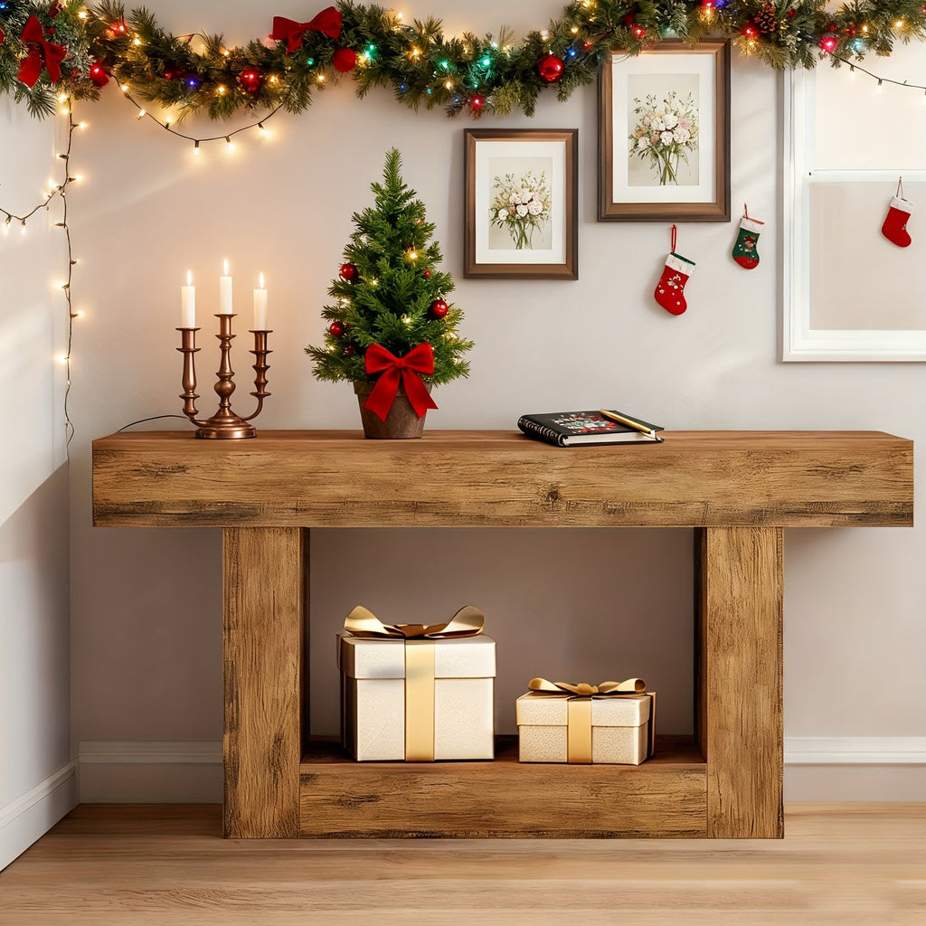 Farmhouse Console Table with U-Shaped Base & Bottom Shelf, Rustic MDF Entryway Table for Living Room Hallway Foyer Corridor, Country Style Sofa Table with Storage, Durable Modern Rustic Decor