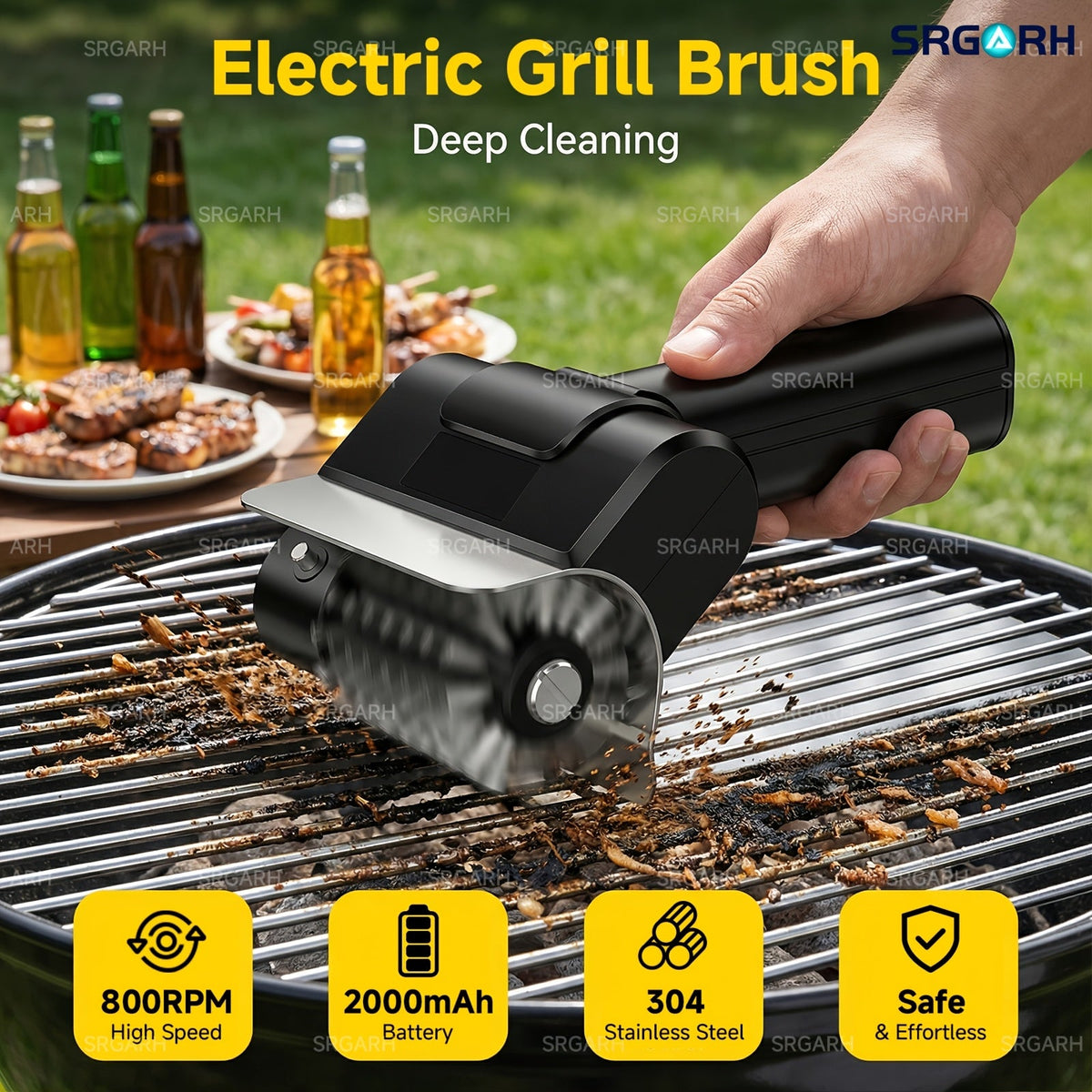 Cordless Electric Grill Brush 800 RPM 2000mAh Rechargeable 304 Stainless Steel Bristles BBQ Grill Cleaner with Replacement Brush Head and Gloves Portable Outdoor Barbecue Scrubber Black