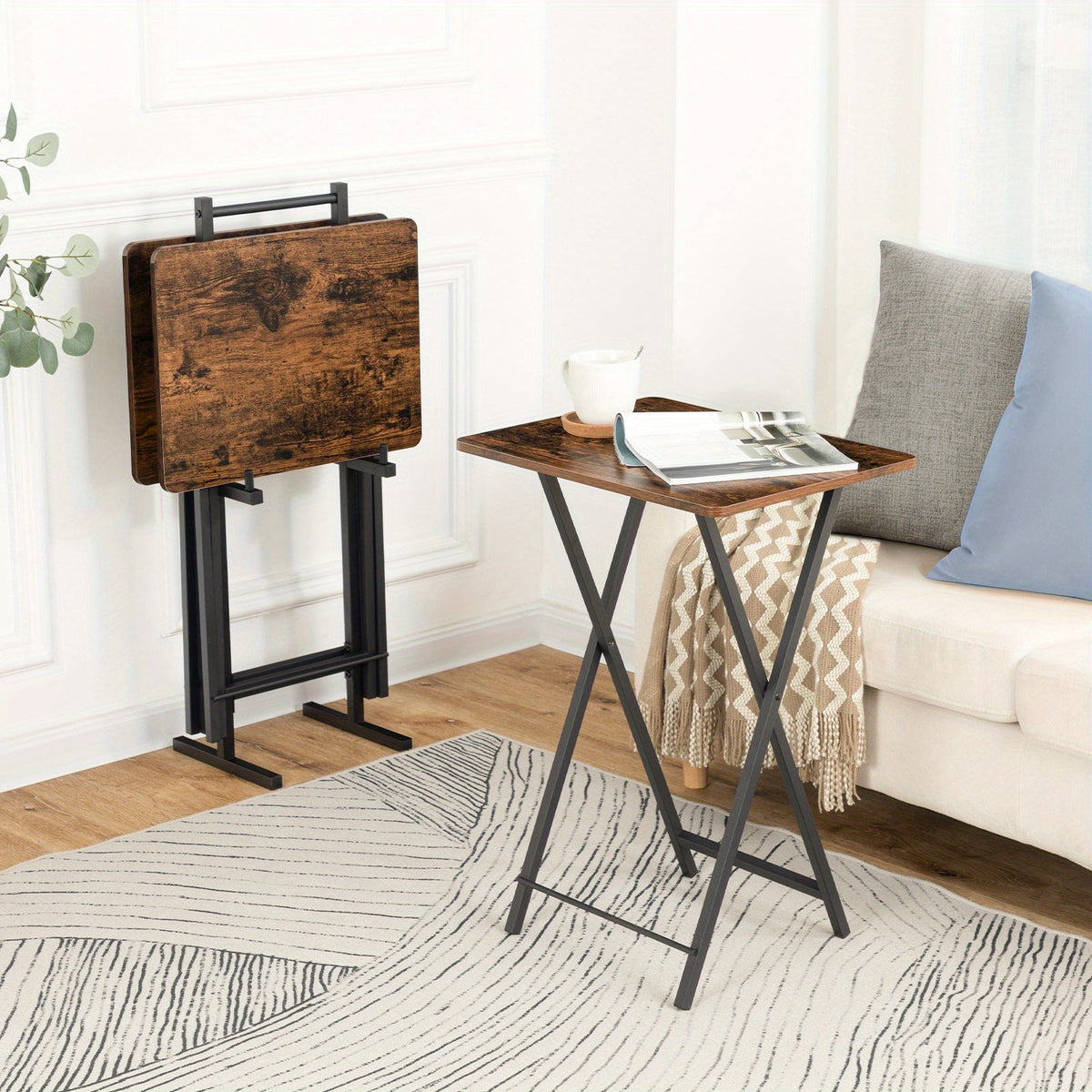 Foldable Side Table TV Tray 18.9 x 14.2 x 26 In Portable Laptop Desk Easy Assembly Space-Saving for Indoor & Outdoor – Rustic Brown Black