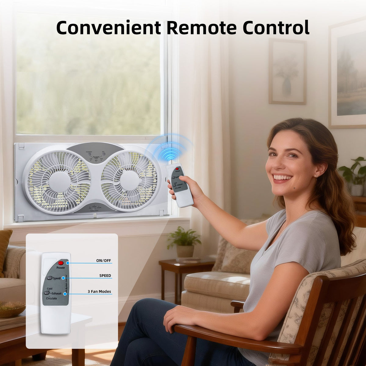 Twin Window Fan 9" - Reversible Airflow, 3 Speeds, 23.8"-37" Expandable Width, Exhaust & Intake - Remote or Timer - Home & Bedroom
