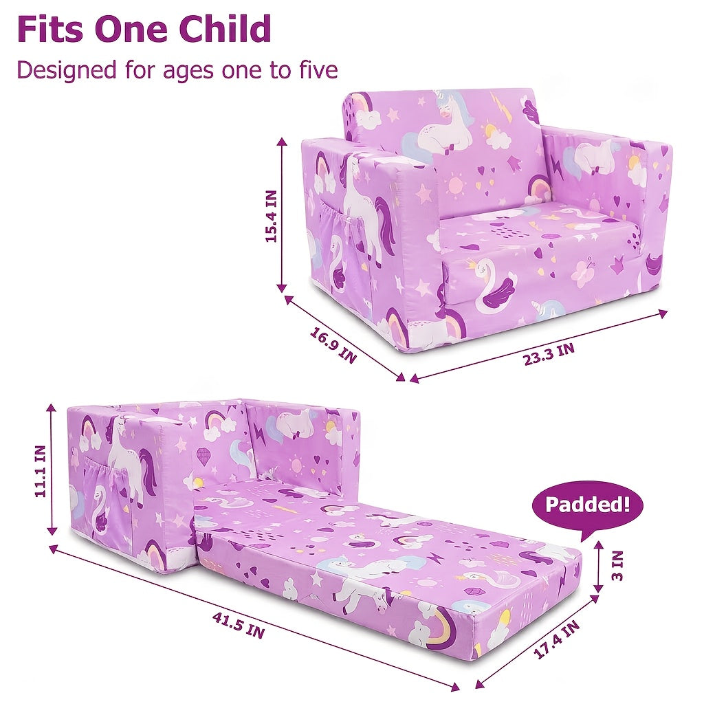 Kids Sofa 2-in-1 Toddler Fold Out Couch Convertible Lounger Soft Foam No Assembly Required for Boys Girls Reading Napping Playing Blue Dinosaur Purple Unicorn Cars