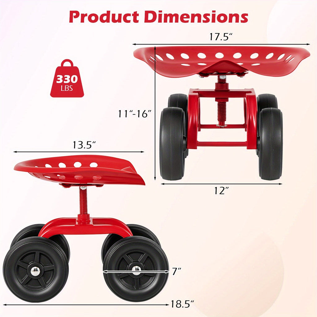 Garden Cart with Seat 330LBS Heavy Duty Rolling Scooter 5 Inch Adjustable Height 360 Swivel Seat 4 Non-Slip Wheels Ergonomic for Lawn Yard Planting Pruning Red Blue Green
