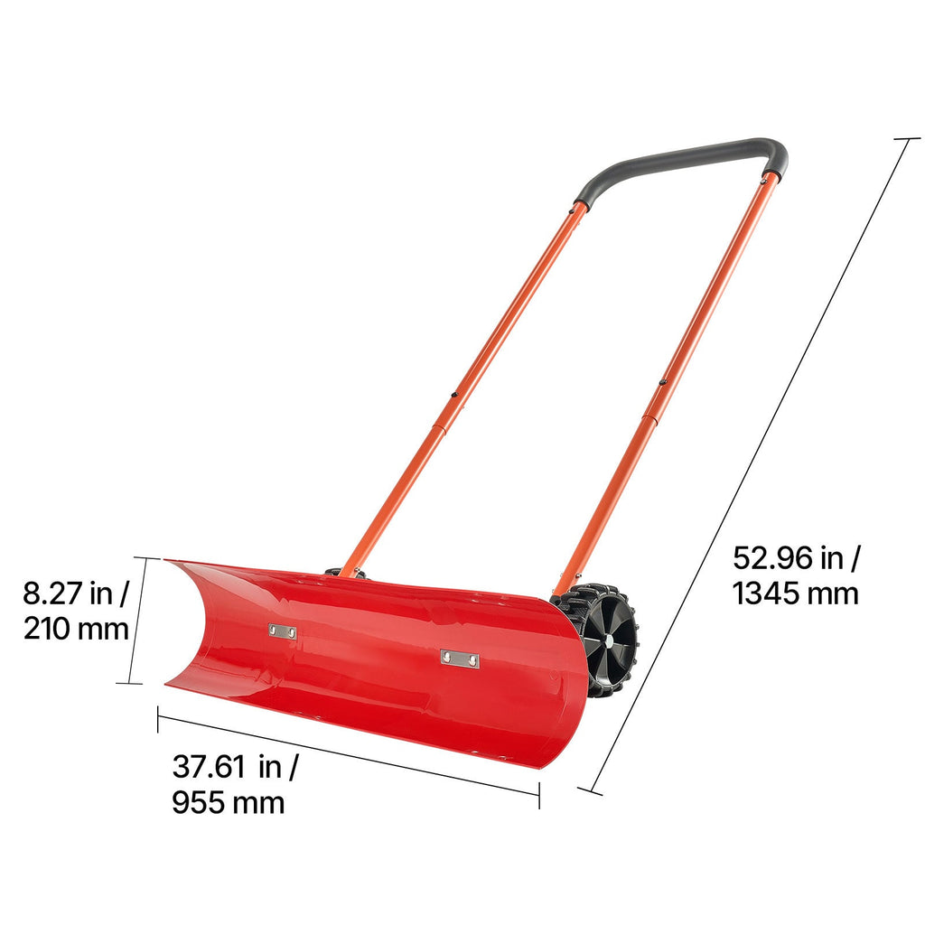 Wheeled Snow Pusher Shovel, 37.8" Wide Blade, Bi-Directional 72° Angled Blade, 90° Adjustable Handle, PC & ABS Durable Construction, Anti-Stick Surface, for Driveway Sidewalk Deck Yard