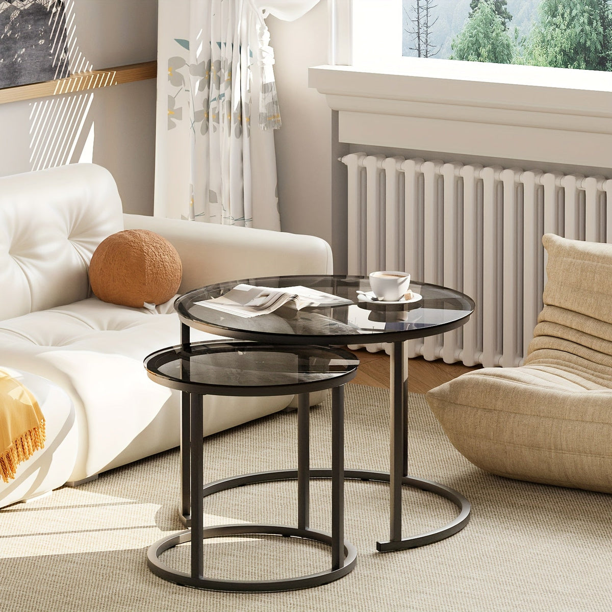 Nesting Glass Coffee Tables Set of 2 – Round Modern Industrial Metal Frame Side Tables for Living Room Bedroom in Clear Gray Striped & Tea Glass with Gold or Black Frame
