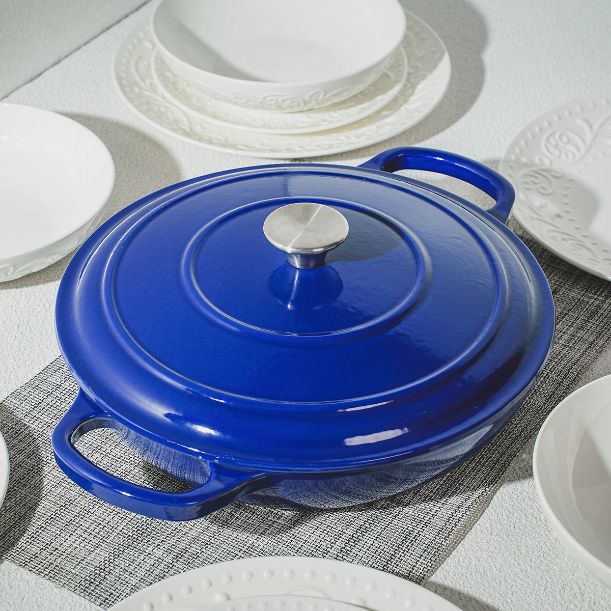 Enameled Cast Iron Brazier 3.5 Qt Blue Braising Pan Dutch Oven for Braising Roasting Baking Frying Simmering Holiday Entertaining Heirloom Quality Kitchen Gift