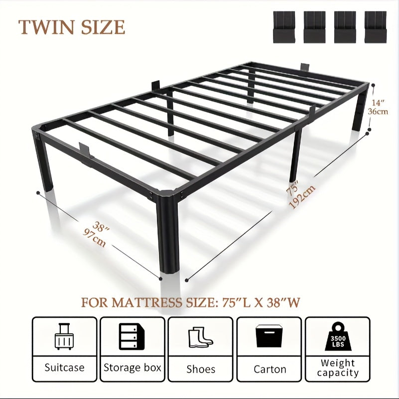 14-Inch Heavy-Duty Metal Bed Frame 3500 LBS Black Fan-Shaped Legs 4 Mattress Limiters No Box Spring No Noise Large Under-Bed Storage – Twin Full Queen King