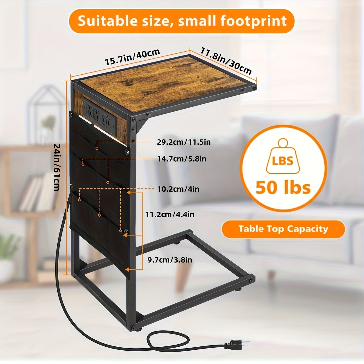 C-Shaped End Table - Slides Under Sofa, 50LBS Capacity, Desktop Storage - Optional Charging Station & Storage Bag - 1pc & 2pc Sets - Sofa Side, Living Room & Bedroom - Brown, Grey, Black, White & Wood
