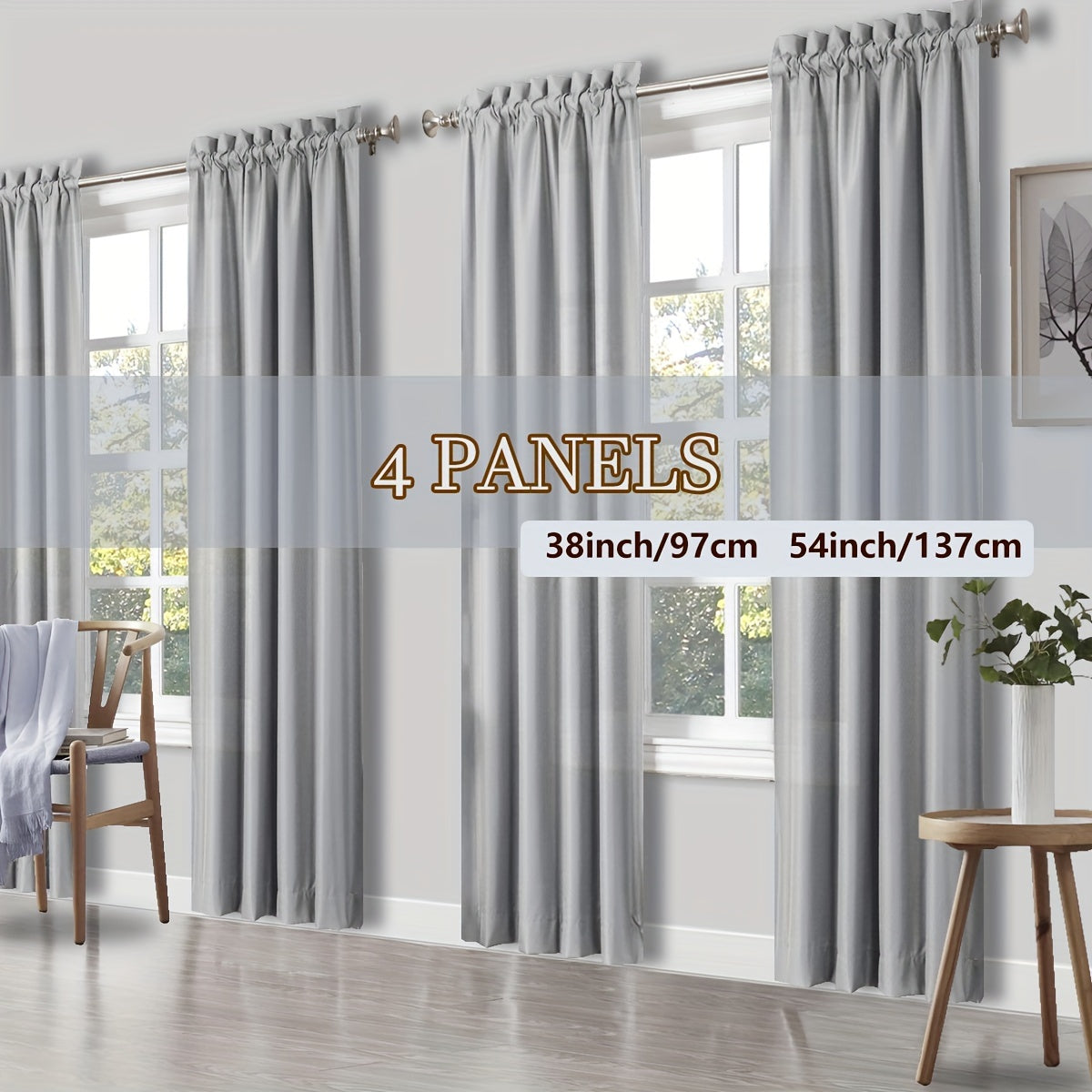 Rod Pocket Light Filtering Curtains 4 Panels Solid Color | Yarn-Dyed Fade Resistant Fabric | Easy 30-Second Install | Living Room Bedroom Office Patio Door | 10 Colors 8 Sizes 38-54 Wide 54-95 Long