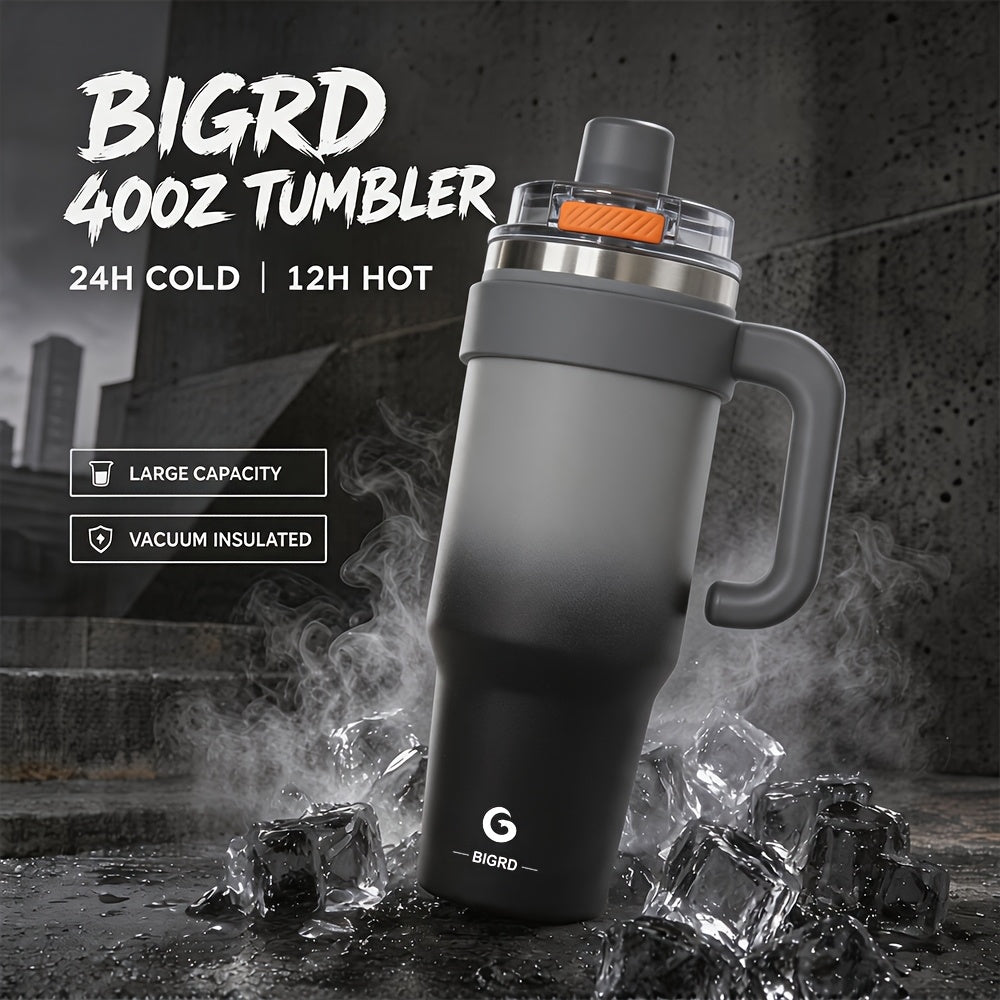 BIGRD 40oz Vacuum Insulated Travel Tumbler 1182ml Double Wall Stainless Steel with Handle and Straw Lid Leak Proof Hot Cold Hours Cleaning Brush Black Gray Blue