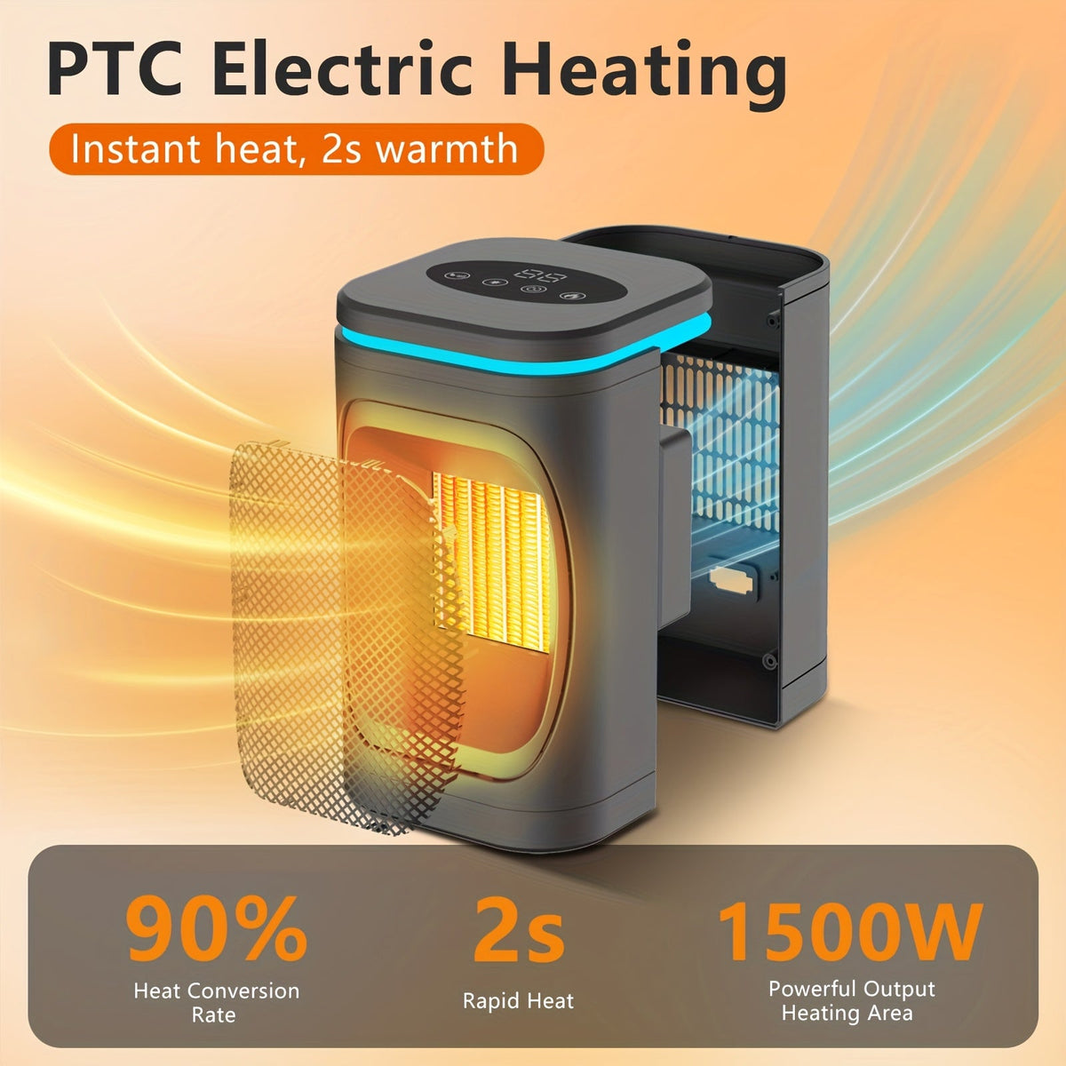 Portable Space Heater 1500W PTC Electric with Color Light Remote Timer Digital Display Overheat Protection Fast Safe Heat for Bedroom Home Office Indoor