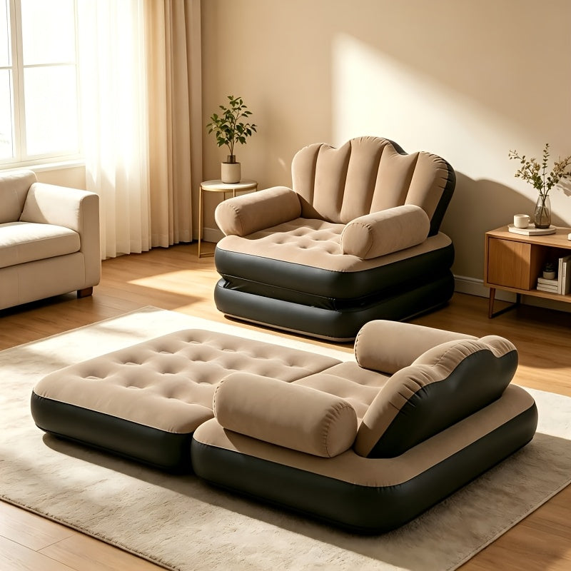 2-in-1 Flocked PVC Inflatable Sofa Bed Convertible Inflatable Couch & Air Mattress Portable Easy to Store Holiday Gift – Khaki or Blue