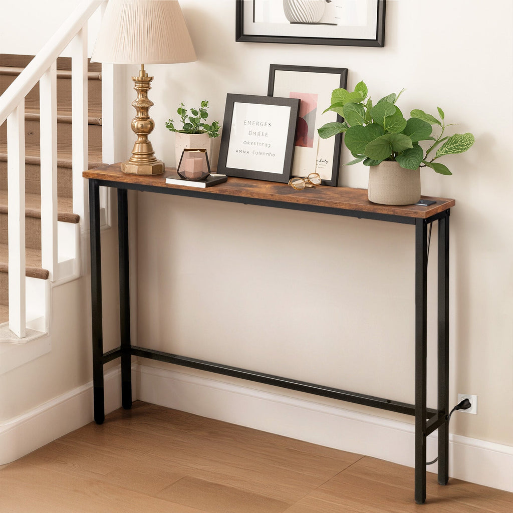 Narrow Console Table with Charging Station – Built-In Outlets USB Ports Metal Frame Slim Sofa Table 39.4" / 78.7" for Living Room Apartment in Rustic Brown Oak Black