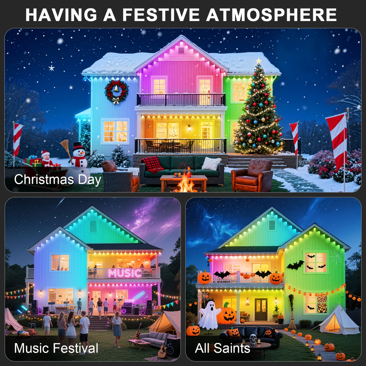 200FT Permanent Outdoor RGB Eave Lights, IP68 Waterproof, Smart App Control, 16 Million Colors, for Christmas Halloween Holidays Parties Garden Home Decoration, Year-Round Installation