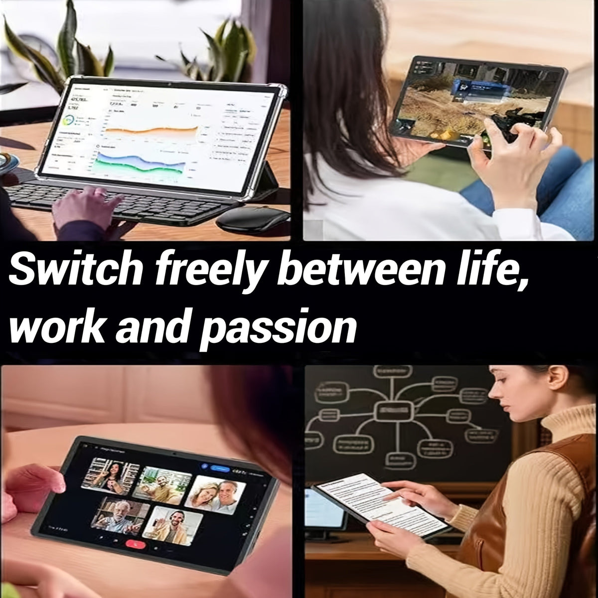 2-in-1 Business Tablet 10.1 Inch HD Android 15 8GB RAM 128GB Storage 6000mAh Battery with Keyboard Mouse Dual-Band WiFi Lightweight Portable for Work Travel Office