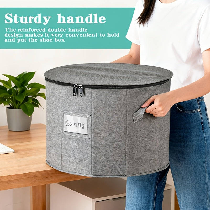 Round Divided Shoe Storage Bin Foldable Fabric Zipper Lid Compartments Carry Handle Dust Proof Shoe Organizer for Closet Bedroom Entryway Grey