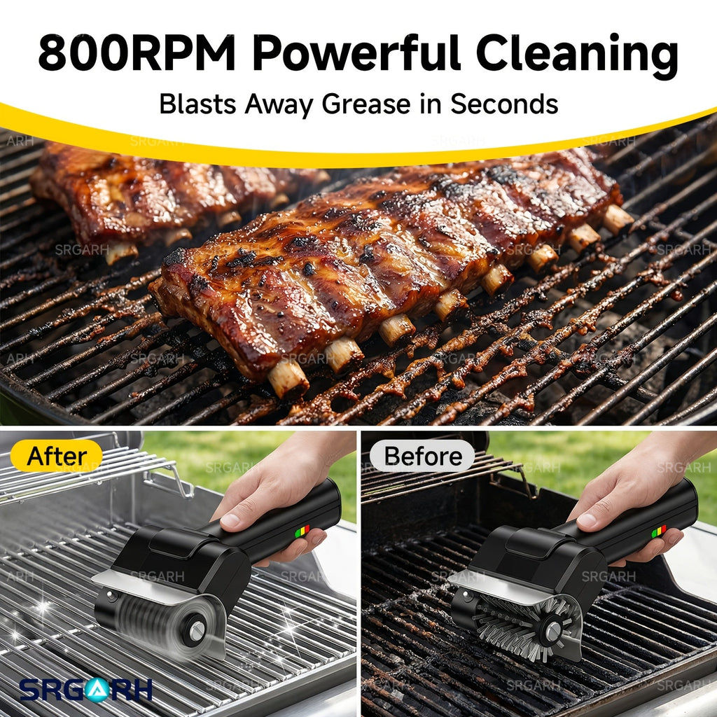 Cordless Electric Grill Brush 800 RPM 2000mAh Rechargeable 304 Stainless Steel Bristles BBQ Grill Cleaner with Replacement Brush Head and Gloves Portable Outdoor Barbecue Scrubber Black