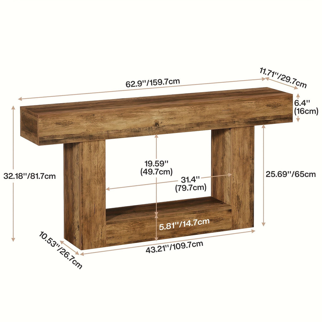 Farmhouse Console Table with U-Shaped Base & Bottom Shelf, Rustic MDF Entryway Table for Living Room Hallway Foyer Corridor, Country Style Sofa Table with Storage, Durable Modern Rustic Decor