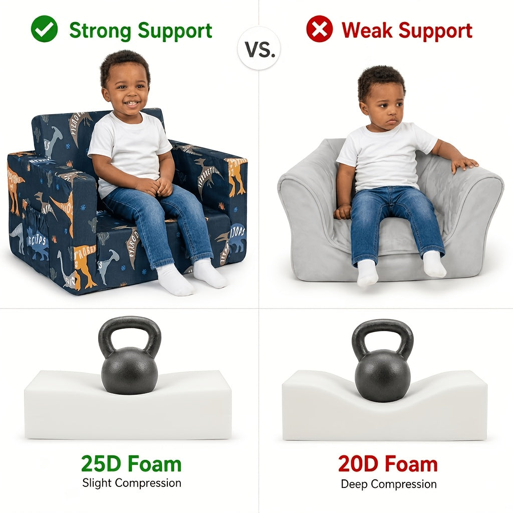 Kids 2-in-1 Convertible Sofa Bed Toddler Flip Out Lounge Chair No Assembly Required Machine Washable Cover for Boys Girls Bedroom Playroom Daycare Blue Dinosaur Cars