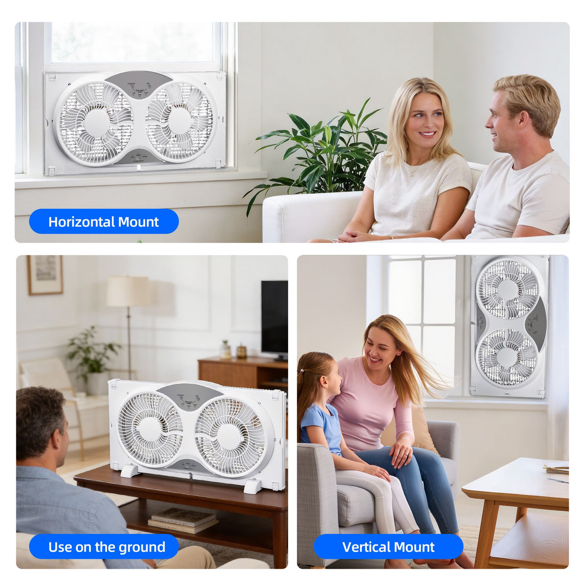 Twin Window Fan 9" - Reversible Airflow, 3 Speeds, 23.8"-37" Expandable Width, Exhaust & Intake - Remote or Timer - Home & Bedroom