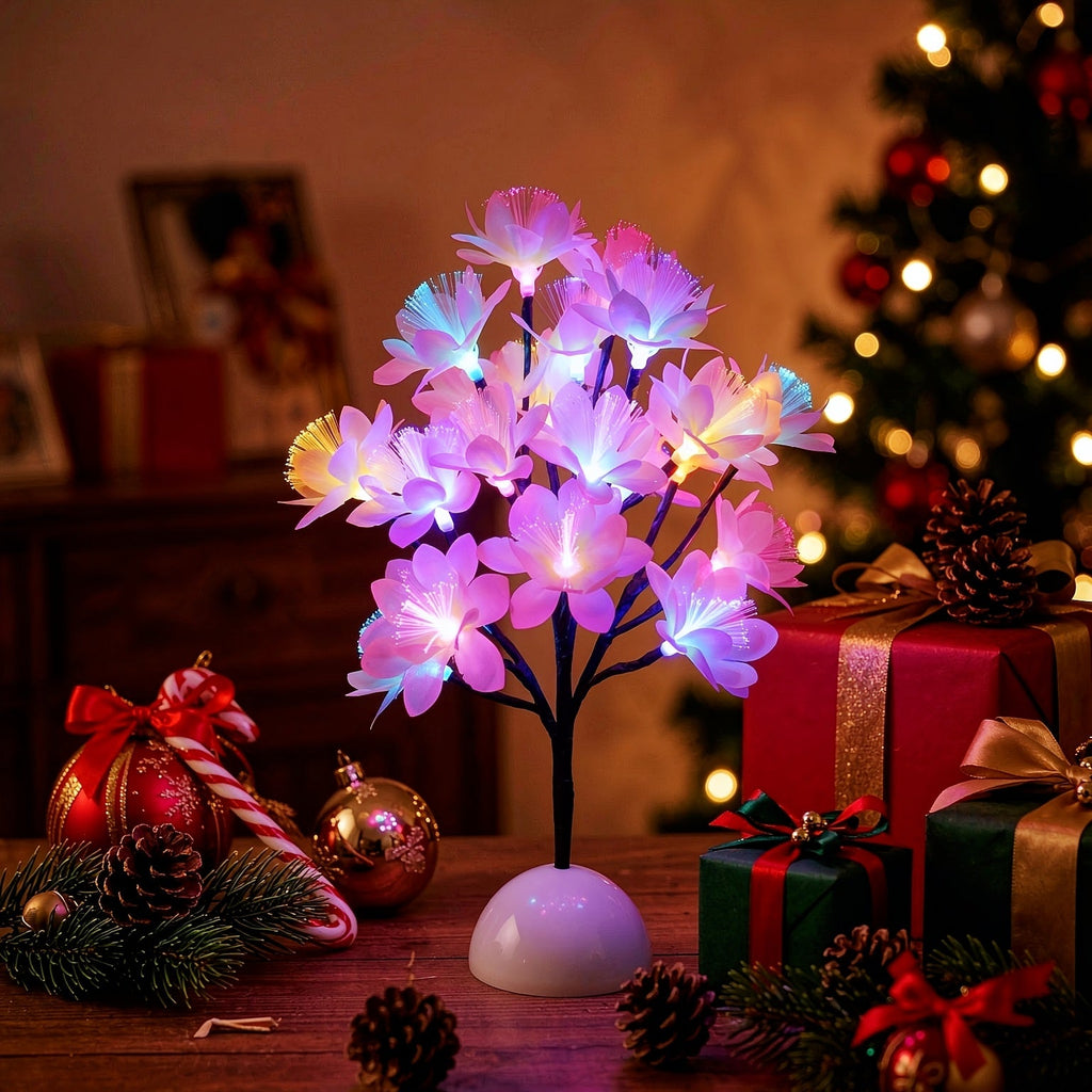 Pink Fiber Optic Tree Light Colorful Glowing Desktop Night Light Battery Powered Artificial Flower Tree for Bedroom Living Room Christmas Home Decor Multicolor