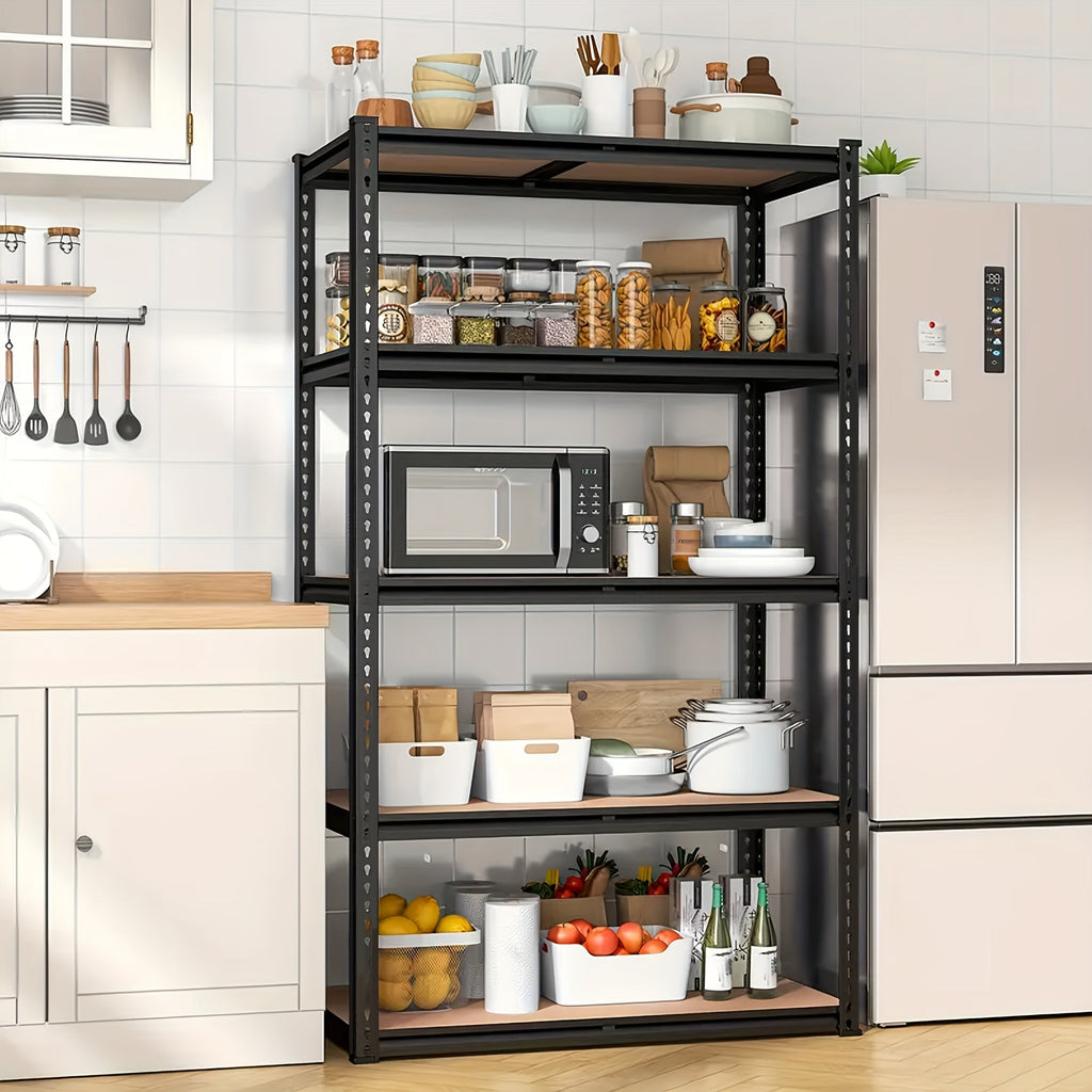 5-Tier Heavy Duty Garage Storage Shelves 2000LB Capacity Adjustable 72x35.5x16 Inch Metal Shelving for Garage Closet Pantry Organization with Gloves and Hammer Black 72H 60H