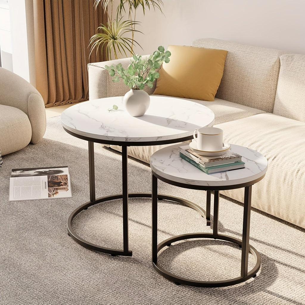 Round Nesting Side Table Set of 2 – Faux Marble & Wood Top with Metal Frame Modern Accent Tables for Living Room Bedroom in 6 Color Options