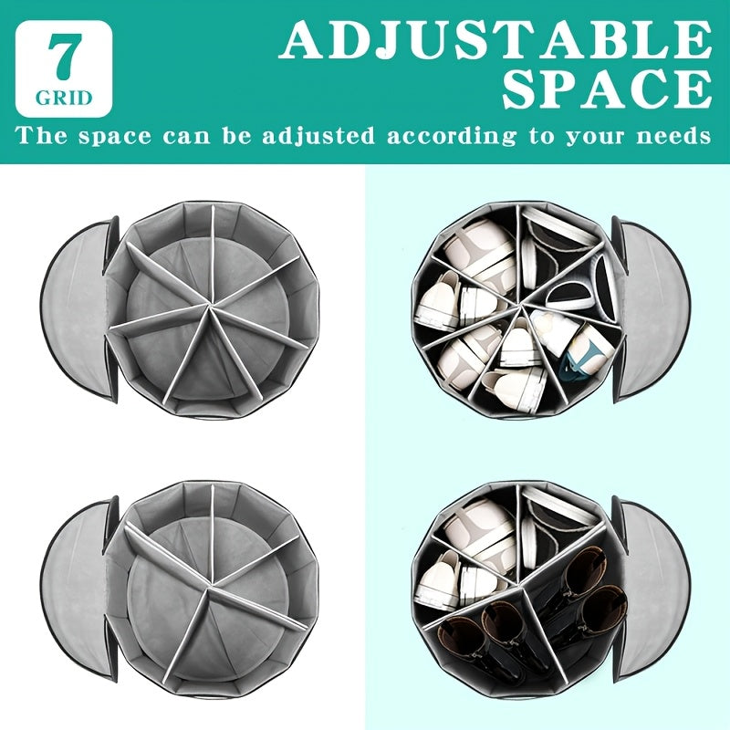 Round Divided Shoe Storage Bin Foldable Fabric Zipper Lid Compartments Carry Handle Dust Proof Shoe Organizer for Closet Bedroom Entryway Grey