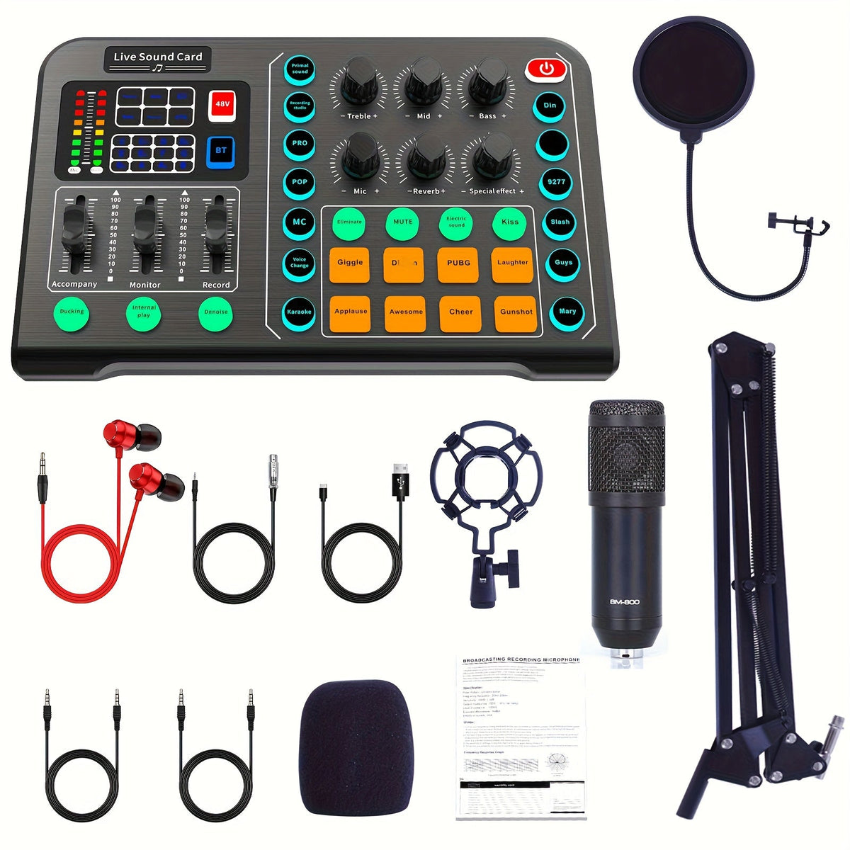 BM-800 Podcast Recording Studio Bundle with Live Sound Card, Voice Changer & Earphones – Complete Audio Interface Kit for Streaming, Vlogging & Live Broadcast, Multiple Models Available