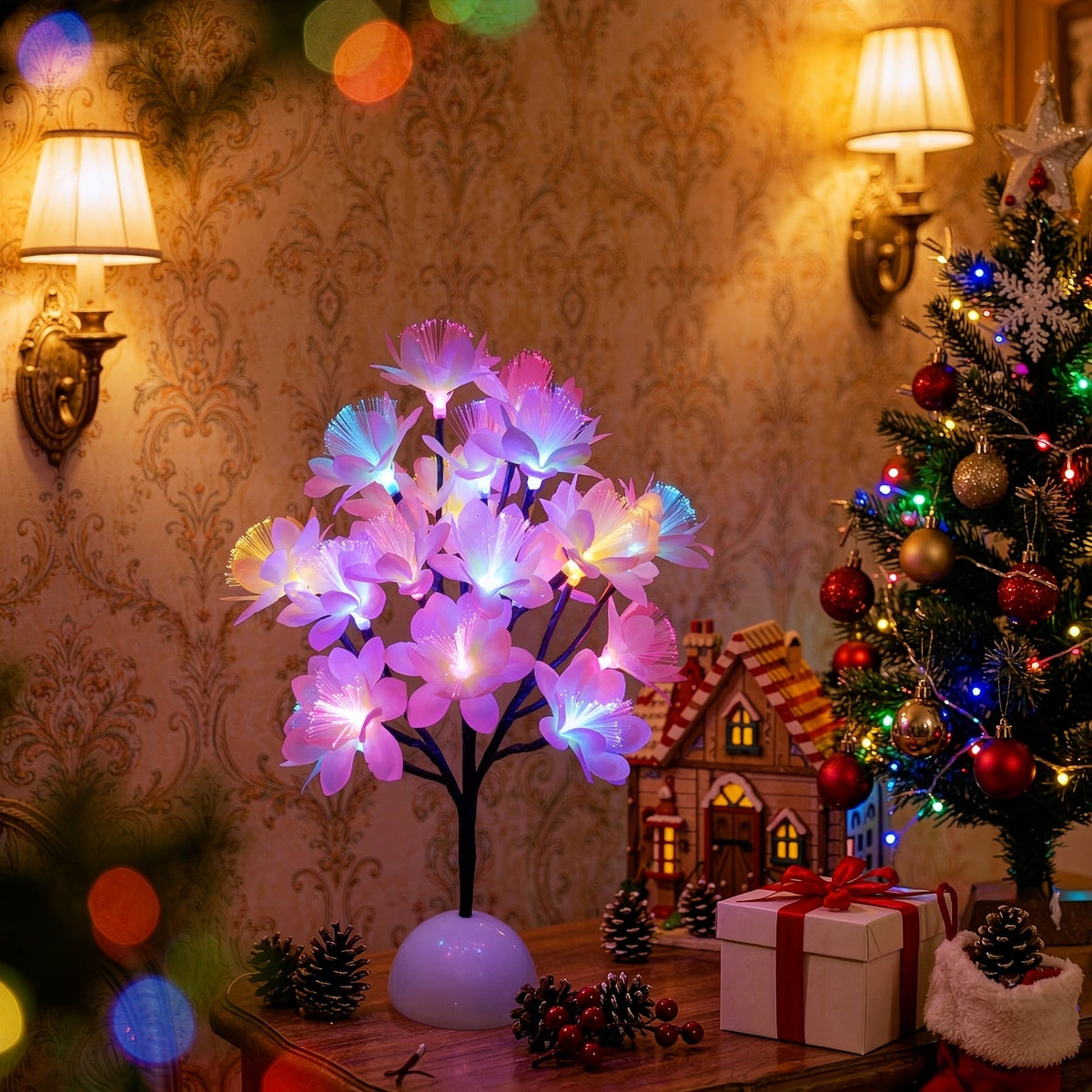 Pink Fiber Optic Tree Light Colorful Glowing Desktop Night Light Battery Powered Artificial Flower Tree for Bedroom Living Room Christmas Home Decor Multicolor