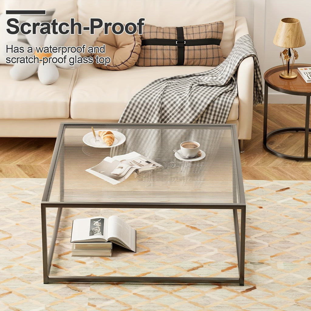 Glass Coffee Table 26"x26" – Modern Square Clear Glass Center Table for Living Room Small Spaces in Gold Black White with Plain or Striped Glass