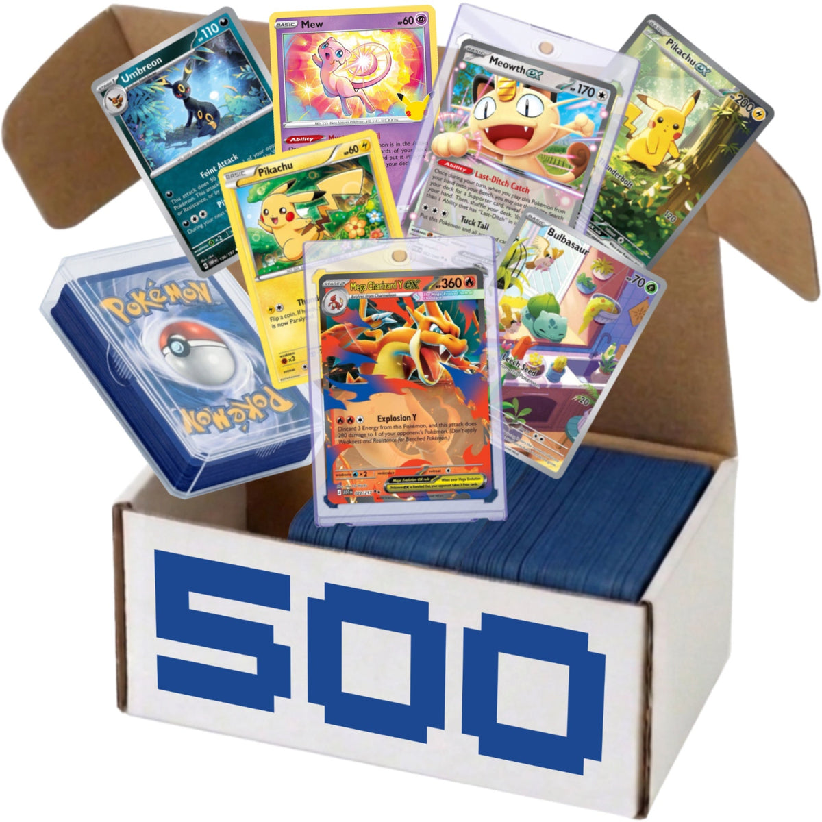 Pokémon 500 Card Mystery Lot - Guaranteed Ultra Rare EX/V/Mega, Holo, Rare, Uncommon & Common Authentic TCG Cards + Deck Box & Magnetic Card Case - Kids & Collectors
