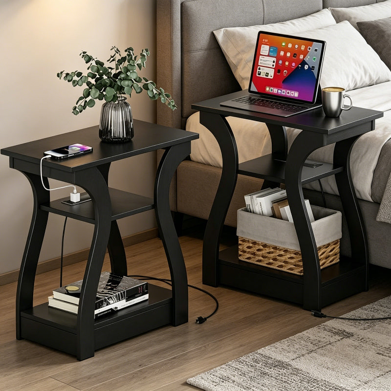 3-Tier Side Table with Charging Station – USB Port & Power Socket End Table for Bedroom Living Room Sofa Bedside Reading Afternoon Tea