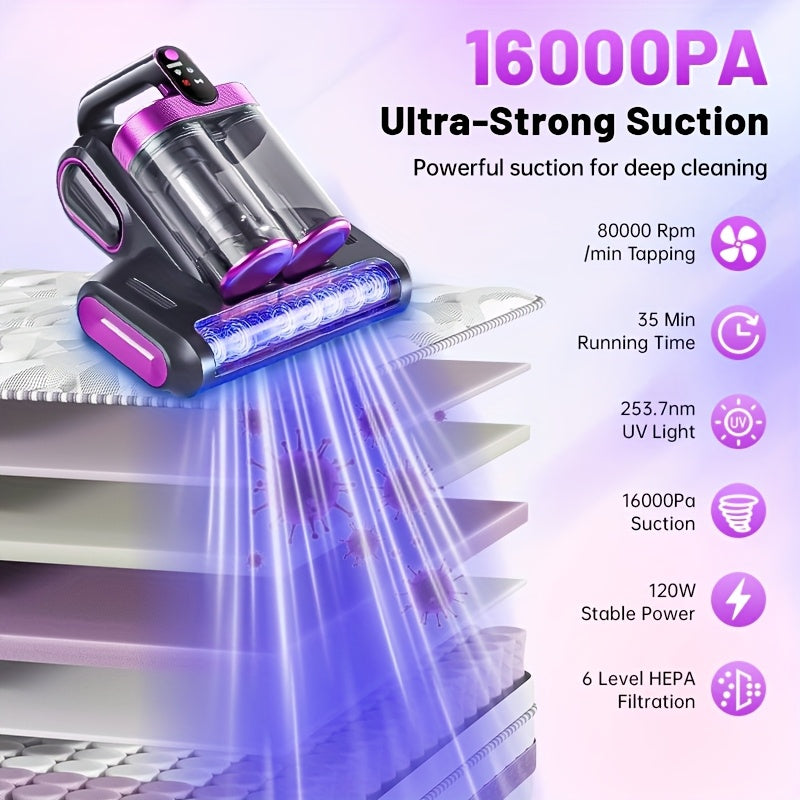 Wireless Mattress Vacuum Cleaner - 16kPa Suction, 253.7 Nano UV Lamp, 80,000 RPM Ultrasonic, Dual Cup - Beds, Fabric Sofas & Carpets - Portable Handheld - Purple & White
