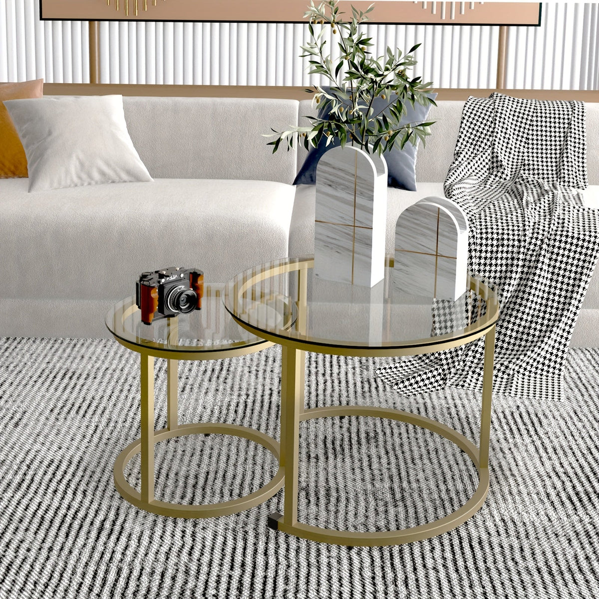 Nesting Glass Coffee Tables Set of 2 – Round Modern Industrial Metal Frame Side Tables for Living Room Bedroom in Clear Gray Striped & Tea Glass with Gold or Black Frame