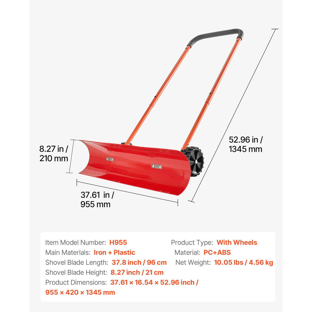 Wheeled Snow Pusher Shovel, 37.8" Wide Blade, Bi-Directional 72° Angled Blade, 90° Adjustable Handle, PC & ABS Durable Construction, Anti-Stick Surface, for Driveway Sidewalk Deck Yard