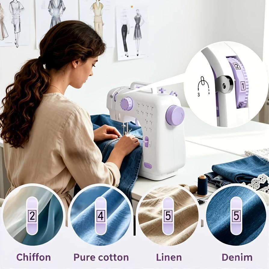 Portable Mini Sewing Machine for Beginners - 12 Stitches, LED Light, Double Speed & Foot Pedal - Includes 12-Color Thread Set - Household DIY Handheld Sewing Tool