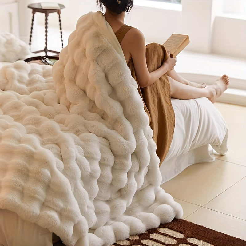 Plush Double-Layer Fleece Blanket - 100% Polyester, Machine Washable, All-Season - AC, Travel & Nap Use - 51"×63" & 63"×79" - Off White, Camel, Ink Gray, Pink & Blue