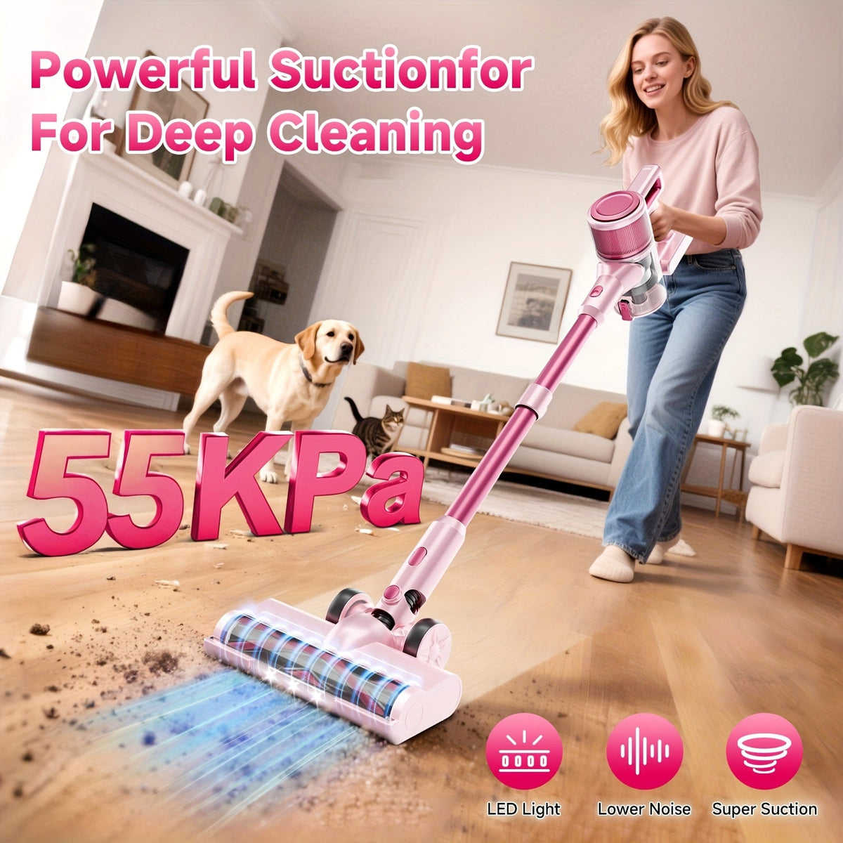 55KPa Cordless Stick Vacuum Cleaner 8-in-1 – Lightweight Powerful Handheld Vacuum with LED Light for Hardwood Carpet Floor Pet Hair Home Car